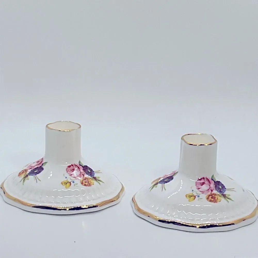 Vintage Royal Adderly Floral Porcelain Candle Holders with Gold Trim